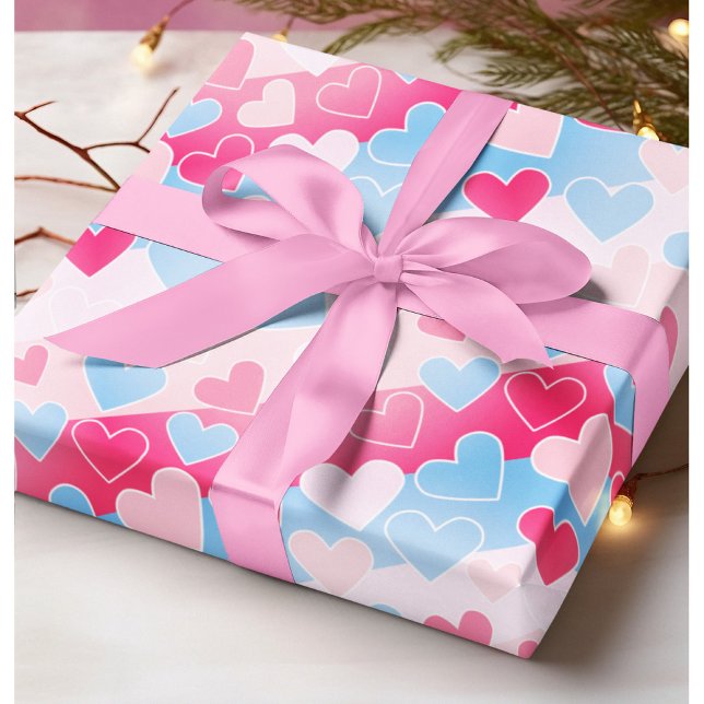Papier Cadeau Pastel Blush Rose Bleu Coeurs Aimer Romantique (Créateur téléchargé)