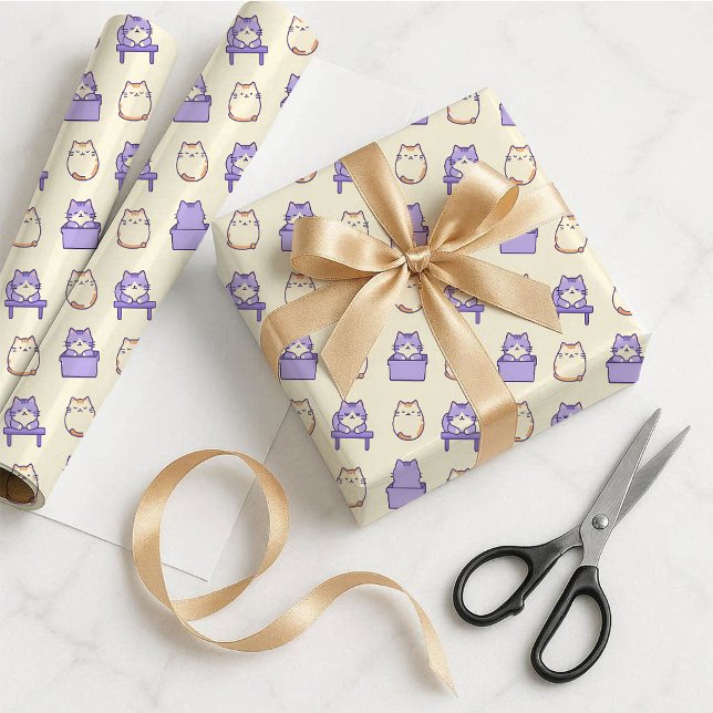 Papier Cadeau Pastel Chat Rond Mignon Lavande (Kawaii Lavender Chonky Cat Pastel Gift Wrap Paper)