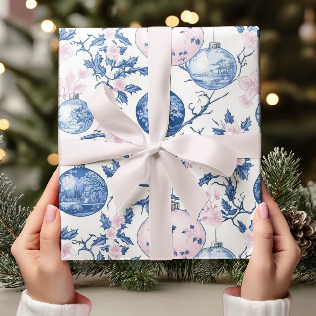 Papier Cadeau Pastel Chinoiserie Ornement de Noël bleu et rose (Créateur téléchargé)