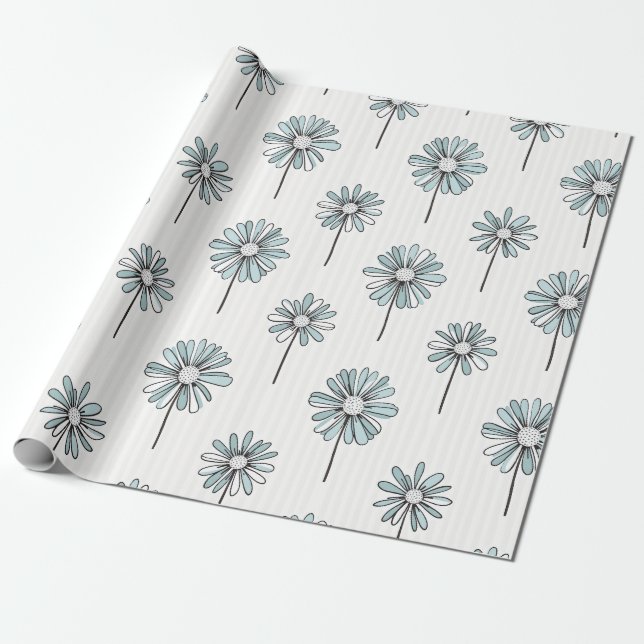 Papier Cadeau Pastel Daisy Dessin au Trait Rayure (Déroulé)