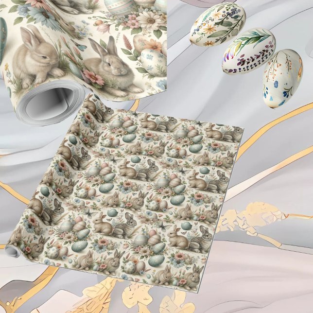 Papier Cadeau Pastel Easter Bunny Decorative Eggs Spring Floral  (Pastel Easter Bunny Decorative Eggs Spring Floral Wrapping Paper)