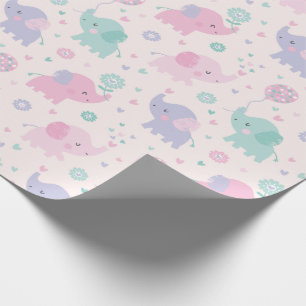 Papier Cadeau Pastel mignon Little Elephants menthe lilas rose