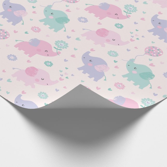 Papier Cadeau Pastel mignon Little Elephants menthe lilas rose (Coin)