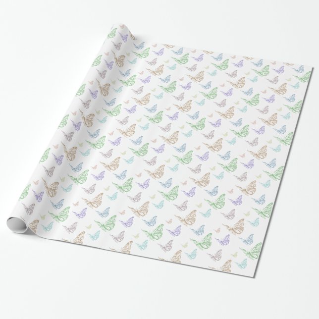 Papier Cadeau Pastel Mint Purple Peach Butterflies Anniversaire (Déroulé)