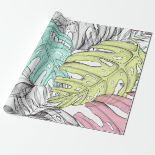 Papier Cadeau Pastel monstera feuille de palmier aquarelle tropi