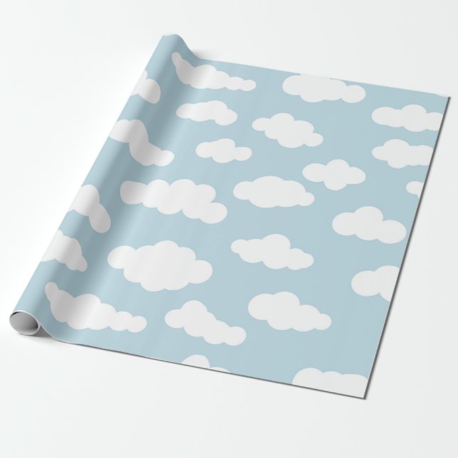 Papier Cadeau Pastel Nuages Bébé Esthétique Bleu Et Blanc (Déroulé)