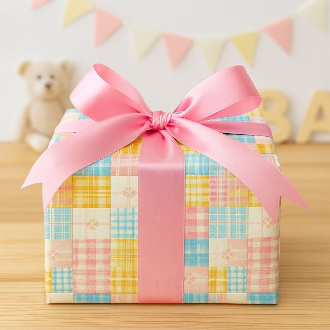 Papier Cadeau Pastel Patchwork Plaid Spring Wrapping Paper (Pretty pastel patchwork plaid with pink bow, perfect for baby girl shower)