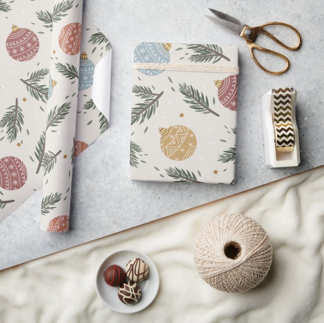 Papier Cadeau Pastel Pine Holly Ornements Noël (Artisanat)