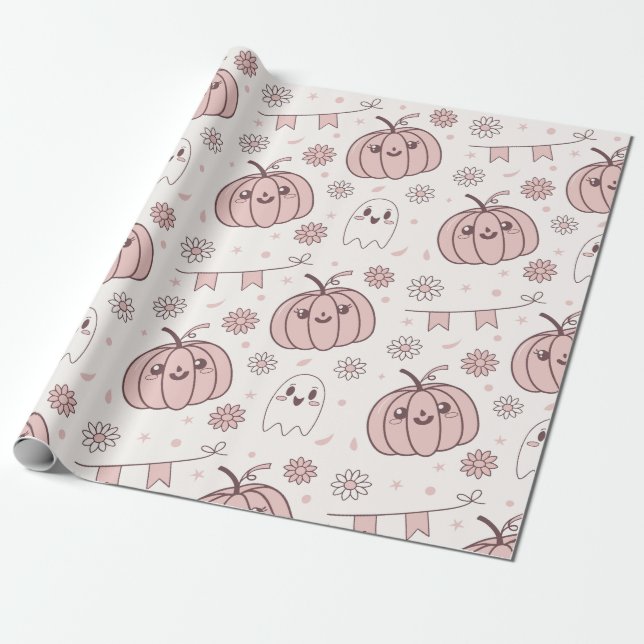 Papier Cadeau Pastel Pink Halloween Motif sans couture (2) (Déroulé)