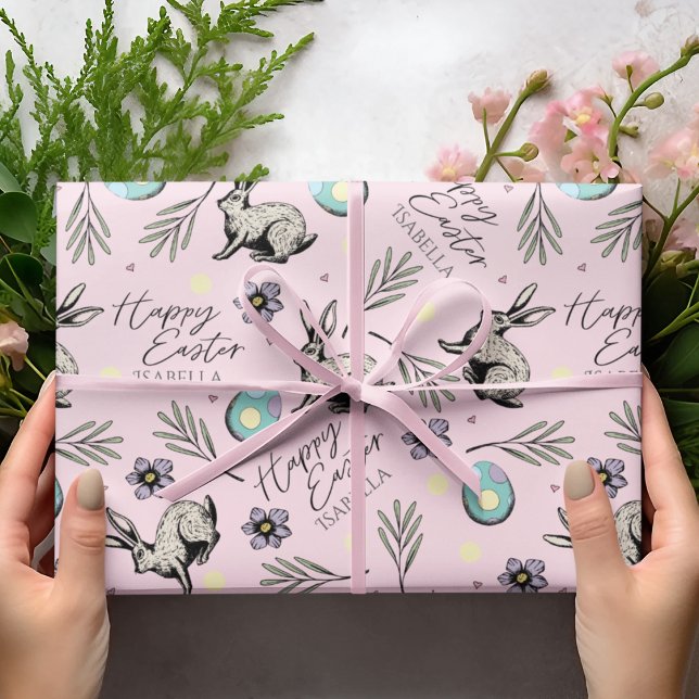 Papier Cadeau Pastel Pink Joyeux Bunnies Pâques (Colorul Pink Happy Easter Wrapping Paper for Kids with Custom Name, Easter Bunnies, Eggs, Flowers...)