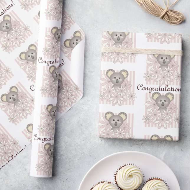 Papier Cadeau Pastel Pink Koala Baby Girl Douche / Anniversaire  (Créateur téléchargé)