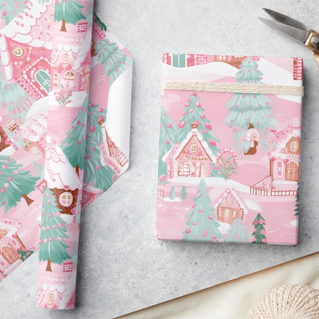 Papier Cadeau Pastel Pink Noël Gingpain Maisons (Créateur téléchargé)