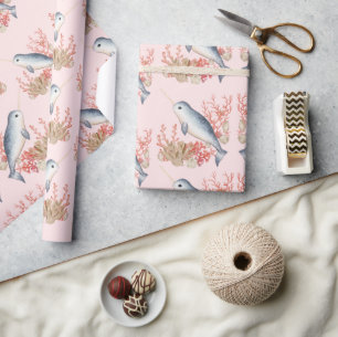 Papier Cadeau Pastel Pink Ocean baby Narwhal coquillages colorés