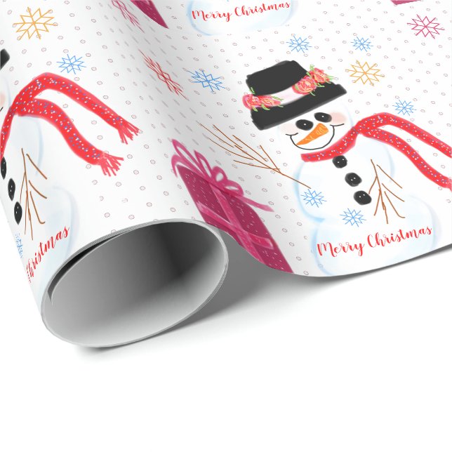 Papier Cadeau Pastel Pink Polka Point Avec Design Snowman (Coin rond)