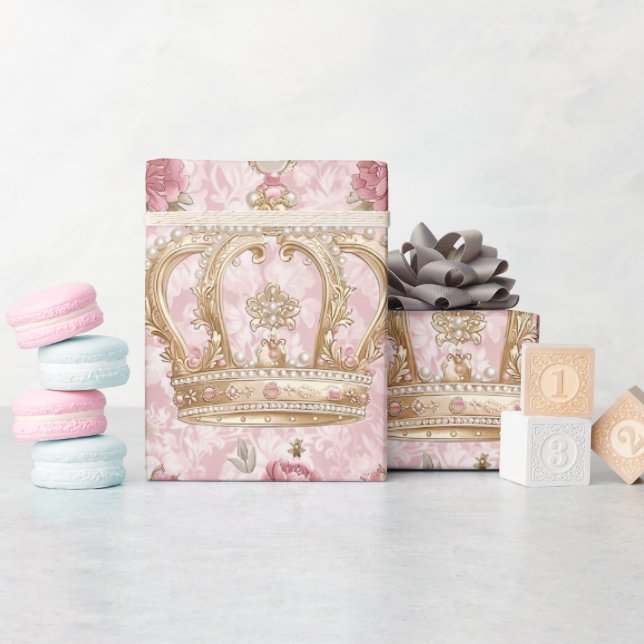 Papier Cadeau Pastel Princess Crowns Damask Pearls (Baby Shower)