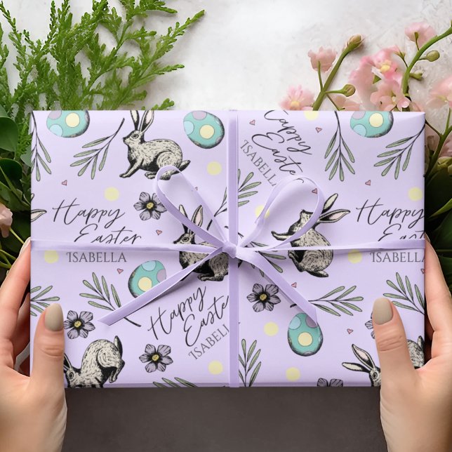 Papier Cadeau Pastel Purple Joyeux Bunnies Pâques (Pastel Purple Happy Easter Wrapping Paper for Kids with Custom Name, Easter Bunnies, Eggs & Flowers.)