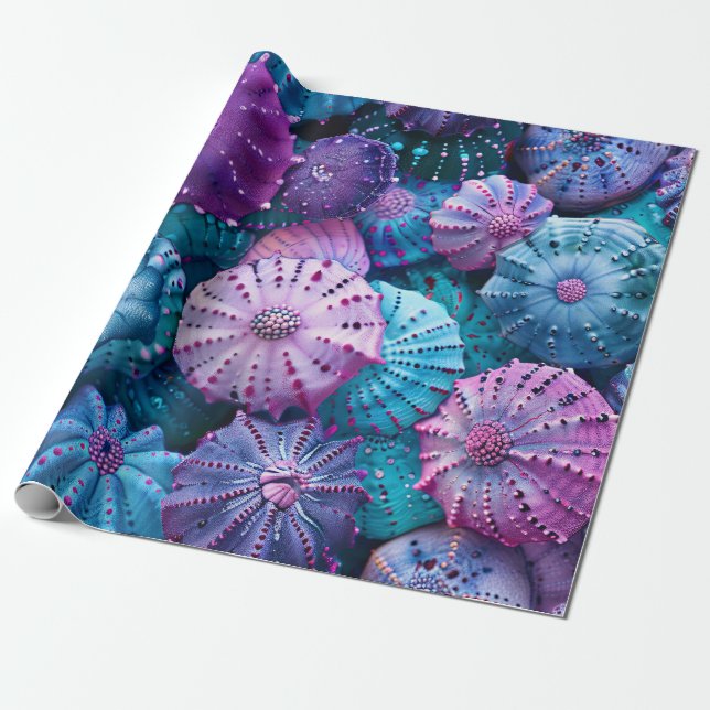 Papier Cadeau Pastel Sea Urchins Turquoise et violet (Déroulé)