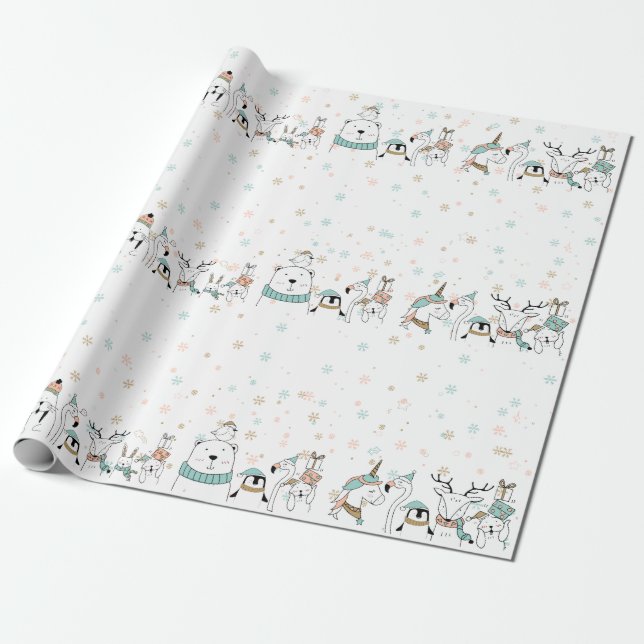 Papier Cadeau Pastel Snowflakes mignons Animaux de Noël (Déroulé)
