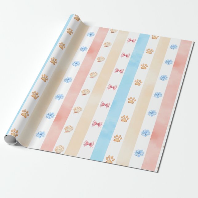 Papier Cadeau Pastel Stripe - Empreintes de pattes, Fleur Bleue, (Déroulé)