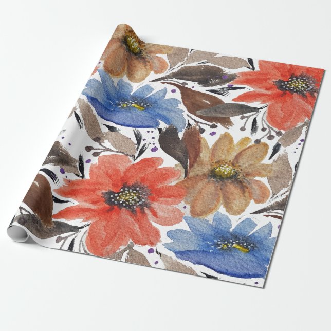 Papier Cadeau Pastel Terracotta Blue Floral Aquarelle Motif (Déroulé)