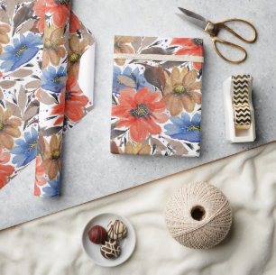 Papier Cadeau Pastel Terracotta Blue Floral Aquarelle Motif