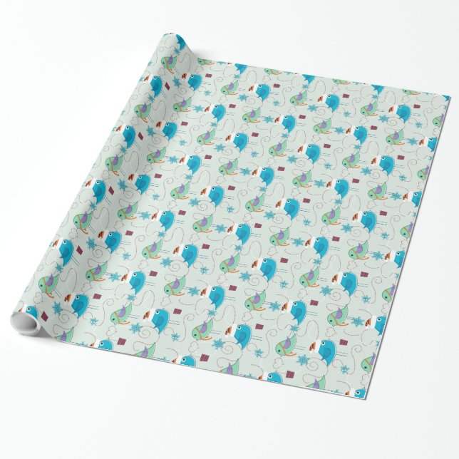Papier Cadeau Pastel Tones Noël Oiseaux Motif (Déroulé)