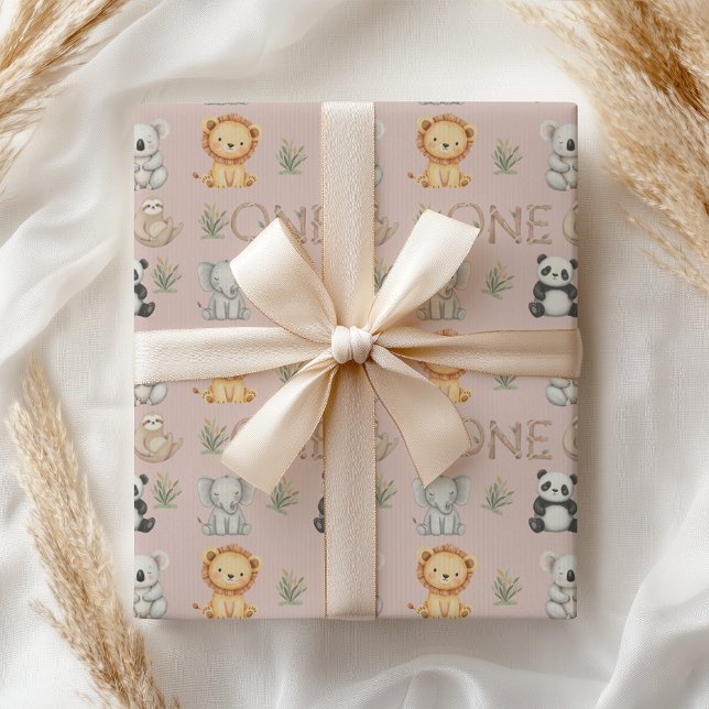 Papier Cadeau Pastel Tropical Wild One Jungle Safari Animaux (Créateur téléchargé)