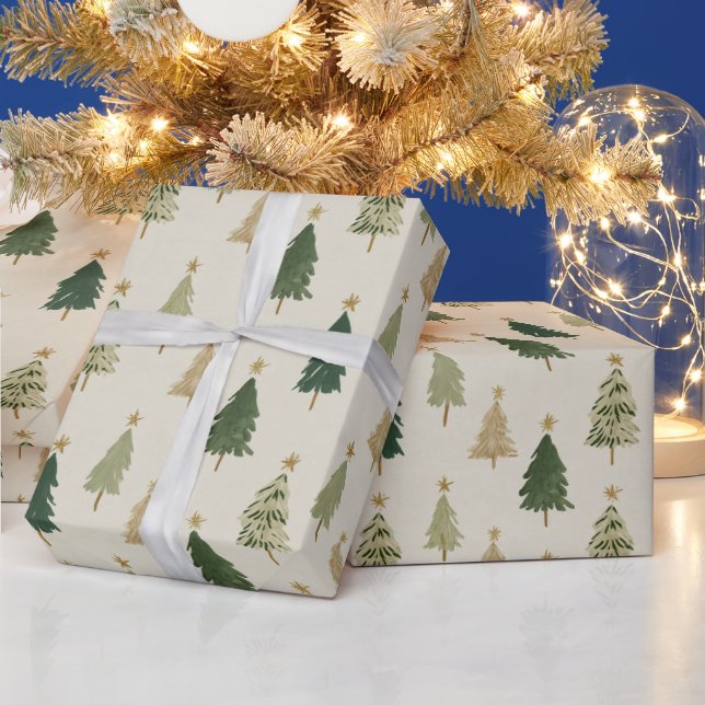 Papier Cadeau Pastel Watercolor Christmas Trees Wrapping Paper (Vacances)