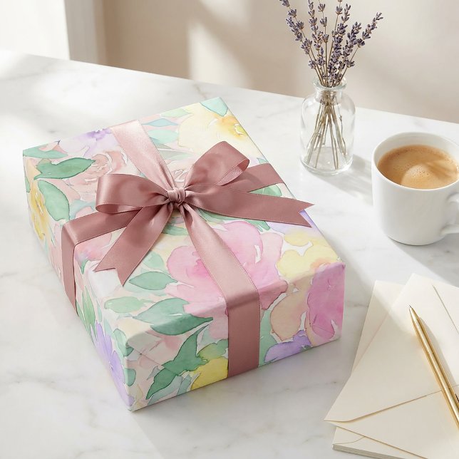 Papier Cadeau Pastel Watercolor Floral Pattern – Soft Spring  (#giftbox #watercolorflowers #pastelflowers #softcolor #softflowers #watercoloflowers #pinkfloral)