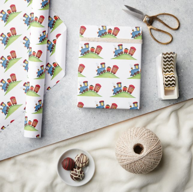 Papier Cadeau Pastel Watercolor Train Rouge Bleu Anniversaire (Artisanat)