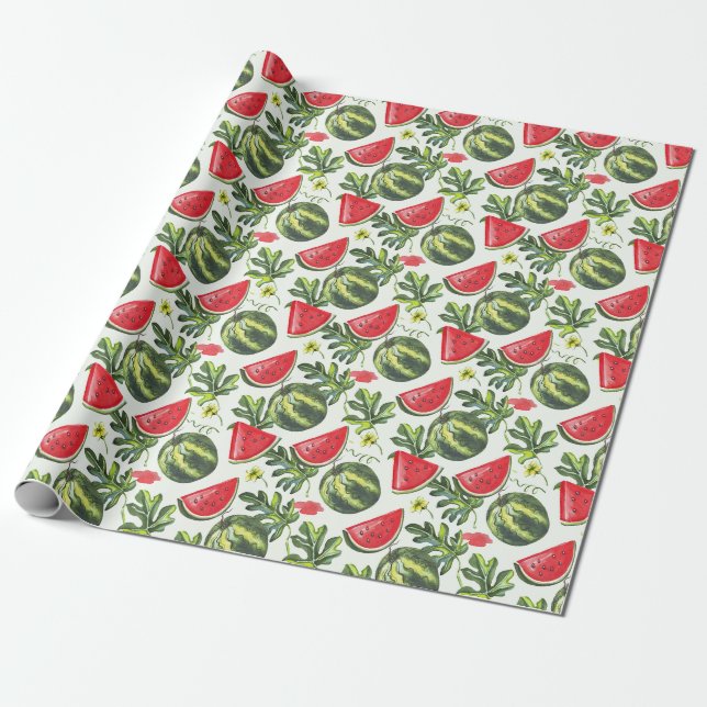 Papier Cadeau Pastèque Fruit, Tranches de Pastèque et Feuilles  (Déroulé)