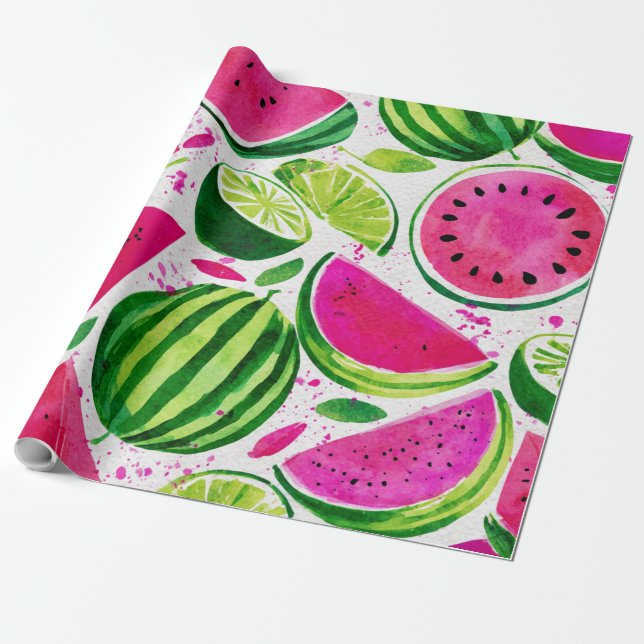 Papier Cadeau Pastèque Mignon Coloré Rose Vert (Déroulé)