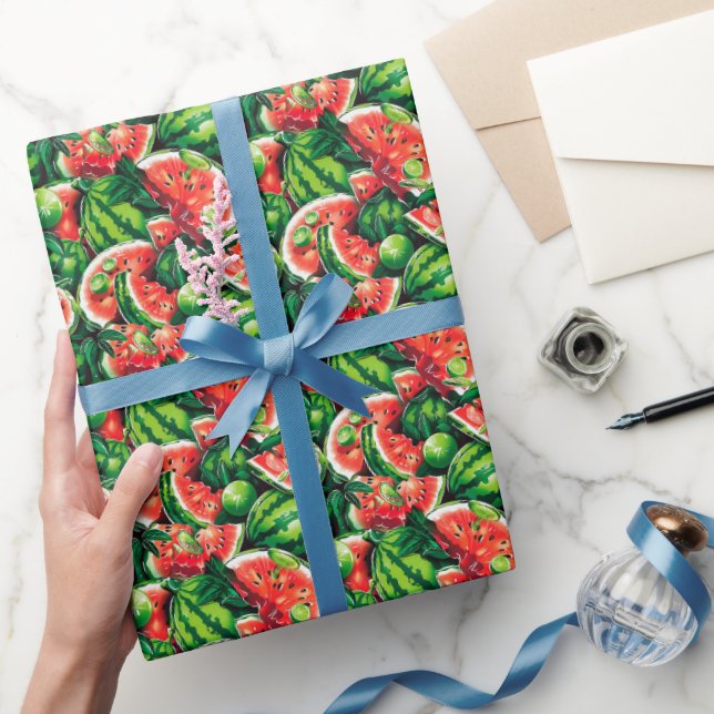 Papier Cadeau pastèques, chaux, feuilles de pastèque, petite cha (Cadeaux)