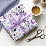 Papier Cadeau Pat Abstrait géométrique rétro n° 4 bleu violet ID<br><div class="desc">Découvrez le charme du style moderne du milieu du siècle avec ce design abstrait géométrique d'inspiration Memphis. Doté d'une palette colorée de violet violet, de bleu bébé et de jaune doré sur un arrière - plan blanc immaculé, ce motif d'enveloppement cadeau capture l'esthétique audacieuse et raffinée du mouvement de design...</div>