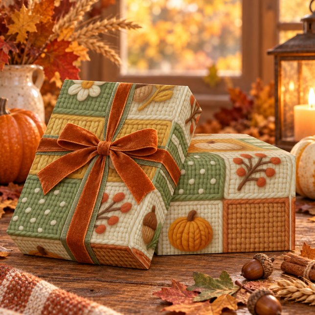 Papier Cadeau Patchwork Automnal Citrouille Orange Chaud Rustiqu (Créateur téléchargé)