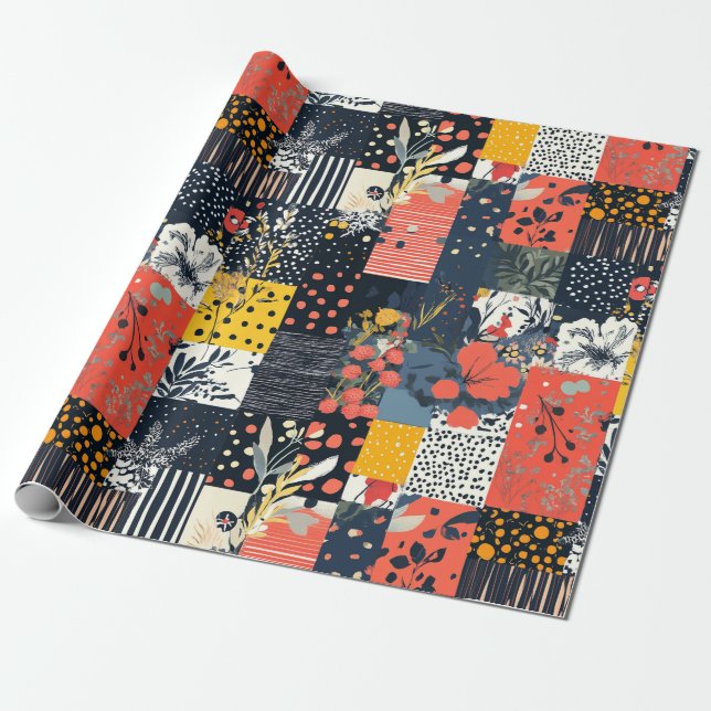 Papier Cadeau Patchwork Botanique Éclectique et Audacieux avec P (Déroulé)