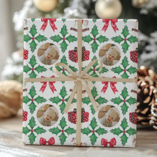 Papier Cadeau Patchwork de Noël avec Photo de Houx de Famille Fê