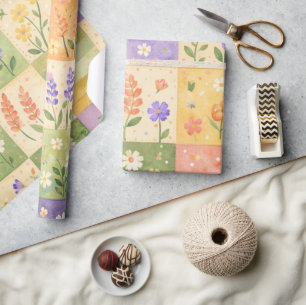 Papier Cadeau Patchwork de quilt vert et violet de ferme rustiqu