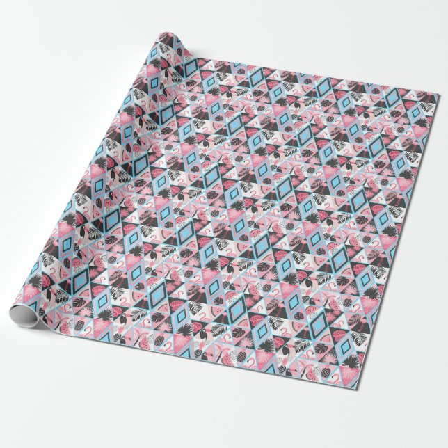 Papier Cadeau Patchwork flamingo tropical, motif de palmier. (Déroulé)
