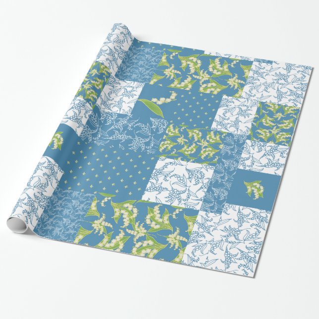 Papier Cadeau Patchwork Giftwrap de Faux : Le muguet, bleu (Déroulé)