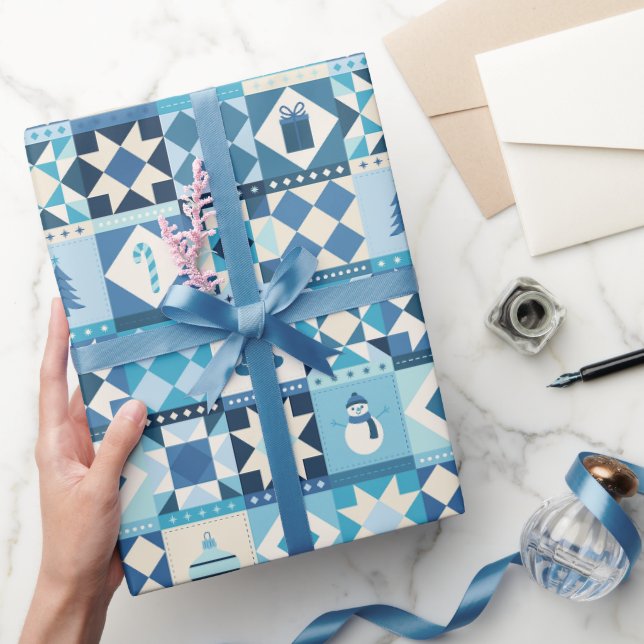 Papier Cadeau Patchwork Noël Bleu Férié  (Cadeaux)