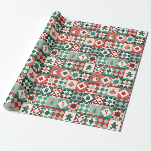 Papier Cadeau Patchwork Noël Rouge et Vert (Déroulé)