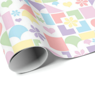 Papier Cadeau Patchwork Rétro Pastel avec Formes et Fleurs des A