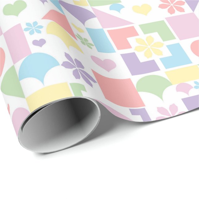Papier Cadeau Patchwork Rétro Pastel avec Formes et Fleurs des A (Coin rond)