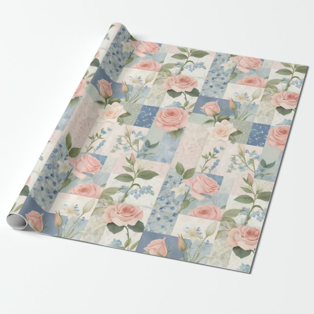 Papier Cadeau Patchwork Rose Et Bleu Fleur Doux Et Délicat (Déroulé)