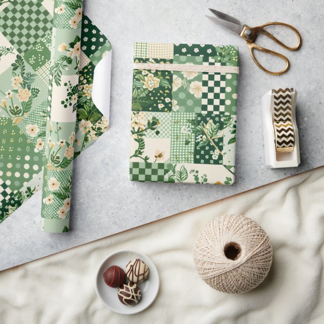 Papier Cadeau Patchwork vert antique géométrique à carreaux (Artisanat)