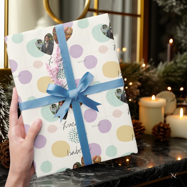 Papier Cadeau Pâte Polka personnalisée Pastel avec photos et nom (Créateur téléchargé)