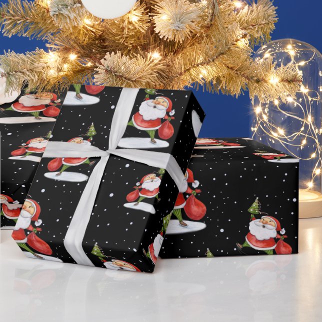 Papier Cadeau Patinage Père Noël Cute Noël aquarelle dessin (Vacances)