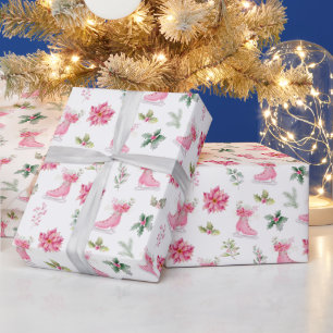 Papier Cadeau Patins à glace roses floraux de Noël