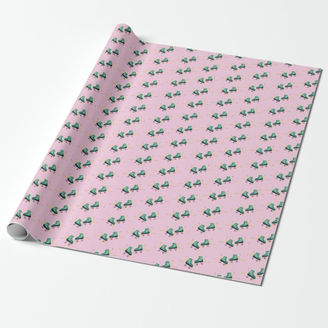 Papier Cadeau Patins à rouleaux rétrogrades : motif rose. (Déroulé)